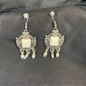 Boho Silver Filigree Dangle Earrings with Cream Stone